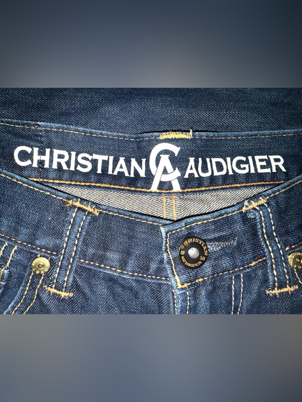 Christian Audigier Navy Blue Denim Jeans with Gold Stitching